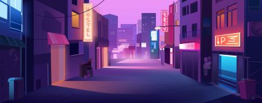 Pankart tasarımı için Night City sokağı arka planı. Dükkanları olan boş bir sokak ya da kapısı olan bir pano, neon ışıklı panolar, mor ve mor renkli gökdelenler. Vektör çizgi film illüstrasyonu