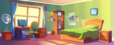 Pankart tasarımı için erkek yatak odası arka planı. Yatak ve yatağın yanındaki boş oda, spor kupası ve kitaplarla dolu raflar, basketbol topu, bilgisayar ve sandalyeli masa. Vektör çizgi film illüstrasyonu
