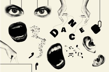 Sembollü modaya uygun kolaj kavramı. Dans metniyle, gözleriyle, elleriyle, ağzıyla şarkı söyleyen kulaklarıyla retro pop sanat tarzında müzik dinleyen kadın. Vektör illüstrasyonu.