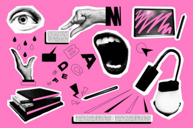 Sembollü modaya uygun kolaj kavramı. Yarı ton koleksiyonu, gözleri, elleri mesajı tutuyor, ağzı açık bağırıyor, mektuplar, kitaplar, tabletler, lambalar, diğeri pop sanat tarzında. Vektör illüstrasyonu.