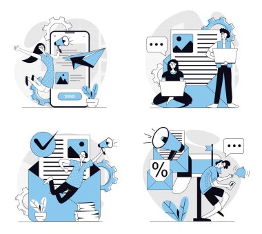 Web için düz tasarlanmış e-posta pazarlama kavramı. Elinde megafon olan insanların dijital mektuplarla online reklam yaptığı, reklam bilgilerini posta kutularına gönderdiği bir koleksiyon. Vektör illüstrasyonları.