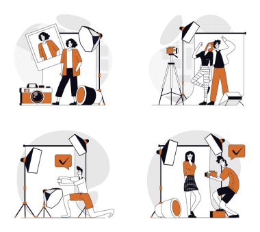 Web için düz dizayn edilmiş fotoğraf stüdyosu konsepti. İnsanların profesyonel fotoğraf çektirdiği koleksiyon, portre için poz verdiği, moda çekiminde çalışan fotoğrafçılar. Vektör illüstrasyonları.