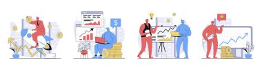 İnternet için düz tasarlanmış iş büyüme konsepti. Insanlarla toplama girişim şirket, veri analizi yapmak, birlikte proje geliştirmek, finansal ok artışı olsun. Vektör illüstrasyonları.