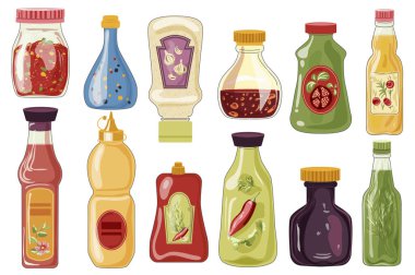 Sos şişeleri düz grafik tasarımında elementler oluşturur. Farklı baharatlı soslu domates, sarımsak, fesleğen, biber, soya, hardal, mayonez, ketçap. Vektör illüstrasyonu.