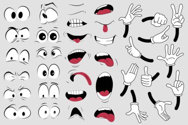 Modaya uygun komik yüzler düz grafik tasarımda elementler oluşturur. Farklı duygu ifadelerinin toplanması. Komik gözler, ağızlar ve eller, 70 'lerin tarzında iyi veya kötü duygular gösteriyor. Vektör illüstrasyonu.