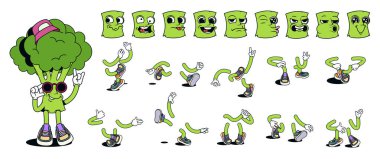 Brokoli çizgi film karakteri, çizgi roman setinde. Mutluluk dolu yeşil sebze maskotu, gülümse, üzgün, kızgın ve diğer yüz ifadeleri, bacakları, el hareketleri. Vektör illüstrasyonu.