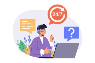 Web sitesi tasarımı için düz çizgi film insanları ile çağrı merkezi web kavramı. İnternet üzerinden mesajlara ve aramalara cevap veren, müşterilere danışan, müşterileri destekleyen bir operatör. Vektör illüstrasyonu.