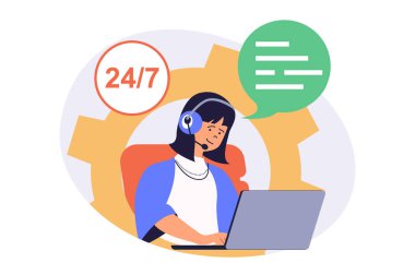 Web sitesi tasarımı için düz çizgi film insanları ile çağrı merkezi web kavramı. İnternette kulaklık takmış bir kadın müşterilere danışıyor, teknik sorunları çözüyor ve optimizasyon yapıyor. Vektör illüstrasyonu.