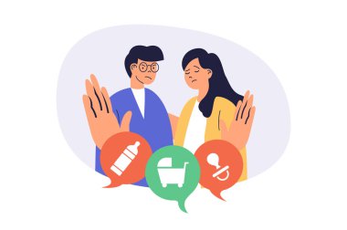 Web sitesi tasarımı için düz çizgi film insanlarıyla çocuk ücretsiz web konsepti. Erkek ve kadın birlikte çocuk yapmamaya karar veriyor, çift ebeveynliği ve anneliği reddediyor. Vektör illüstrasyonu.