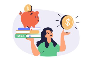 Web sitesi tasarımı için düz çizgi film insanları ile finansal okur yazarlık web kavramı. Kadın domuz kumbarasından para biriktiriyor, ekonomi kitapları öğreniyor, para kazanmak için yatırım stratejisi yaratıyor. Vektör illüstrasyonu.