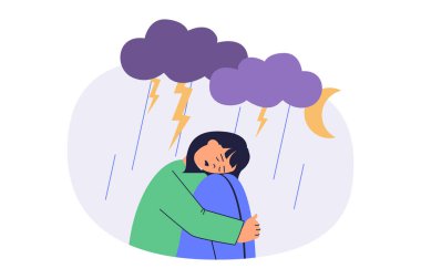 Web sitesi tasarımı için düz çizgi film insanlarıyla zihinsel sağlık problemi web konsepti. Depresyondan muzdarip bir kadın, yalnız başına yağmur bulutlarının altında oturuyor, psikoterapi yardımına ihtiyacı var. Vektör illüstrasyonu.