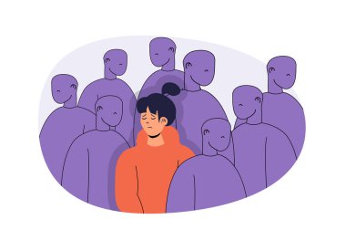 Web sitesi tasarımı için düz çizgi film insanlarıyla zihinsel sağlık problemi web konsepti. İnsan kalabalığında üzüntü ve yalnızlık hisseden, depresyon geçiren, psikoterapiye ihtiyacı olan bir kadın. Vektör illüstrasyonu.