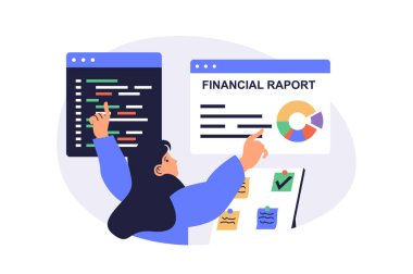 Web sitesi tasarımı için düz çizgi film insanlarıyla aynı anda birden fazla iş yapmak. Kadın ofiste çalışıyor, ekranlarda kodlama ve programlama yapıyor, finansal raporlar hazırlıyor, görevler planlıyor. Vektör illüstrasyonu.