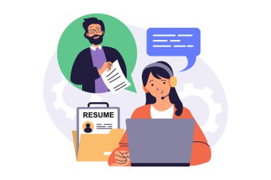 Web sitesi tasarımı için düz çizgi film insanlarıyla online iş görüşmesi konsepti. Kadın iş adayıyla görüntülü konuşma, en iyi özgeçmişi seçme, ofis çalışanlarını arama. Vektör illüstrasyonu.
