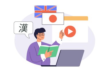 Web sitesi tasarımı için düz çizgi film insanlarıyla internet üzerinde yabancı dil kavramı çalışmak. İnternet kursunda Japonca öğrenen, dizüstü bilgisayarda video izleyen ve kitap okuyan bir adam. Vektör illüstrasyonu.