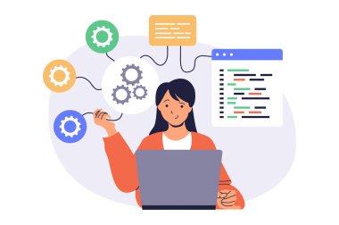 Web sitesi tasarımı için düz çizgi film insanlarıyla sistem yöneticisi web konsepti. Kadın dizüstü bilgisayardaki sunucu altyapısını izliyor, sorunları kontrol ediyor, bakım ve ayarlar yapıyor. Vektör illüstrasyonu.