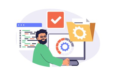 Web sitesi tasarımı için düz çizgi film insanlarıyla sistem yöneticisi web konsepti. Sunucu altyapısı programlarına optimizasyon yapan, program kodlarını düzelten ve izleme yapan bir adam. Vektör illüstrasyonu.