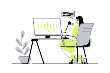 Web sitesi tasarımı için düz çizgi film insanlarıyla internet yayını kavramı. Mikrofona konuşan ve stüdyoda canlı yayında dinleyiciler için ses kaydı yapan bir kadın. Vektör illüstrasyonu.