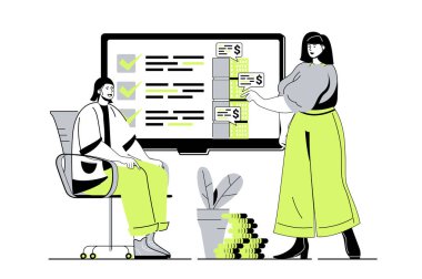 Web sitesi tasarımı için düz çizgi film insanları ile emlak web kavramı. Kadın ve erkek, kira ya da ev almak için yeni daireler seçiyor, komisyoncuyla konut projelerini tartışıyor. Vektör illüstrasyonu.