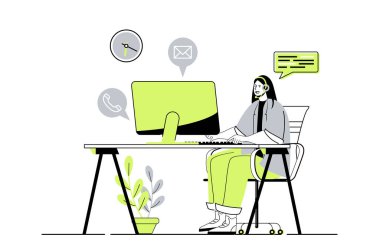 Web sitesi tasarımı için düz çizgi film insanları ile müşteri hizmetleri web konsepti. Kulaklıklı çağrı merkezi operatörü müşterilerle konuşuyor, konuşuyor ve danışmanlık yapıyor, geri bildirim alıyor. Vektör illüstrasyonu.