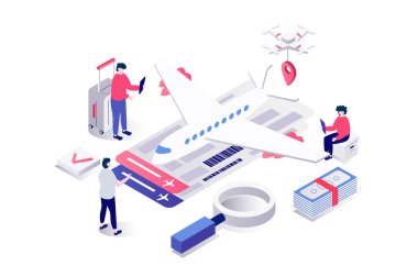 Web için geometri grafik tasarımında 3d izometrik uçuş konsepti rezervasyonu. Bagajı olan insanlar tatile çıkıyor, internetten ya da uygulamayla uçak biletlerini arıyor ve satın alıyorlar. Görüntü.