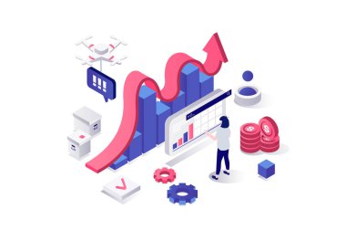 Web için geometri grafik tasarımında kriz yönetimi 3d izometrik konsept. Mali analiz yapan, mali sorunları kontrol eden ve en aza indirgeyen, verimlilik stratejisi seçen insanlar. Görüntü.