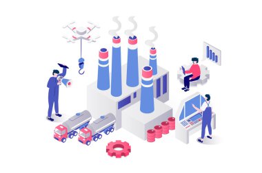 Geometri grafik tasarımında web için endüstriyel 3d izometrik konsept. İnsanlar baca borularıyla fabrika altyapısında çalışıyor, nakliye lojistiği için kamyonları kullanıyorlar. Görüntü.