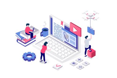 Web için geometri grafik tasarımında modern eğitim 3d izometrik konsept. İnsanlar çalışma derslerinde dizüstü bilgisayarla öğreniyor, dijital ders kitapları okuyor ve video seyrediyorlar. Görüntü.