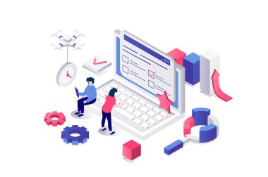 Web için geometri grafik tasarımında çevrimiçi anket 3d izometrik konsept. İnternet anket listesini dolduran ve kontrol listesindeki cevapları tıklatan insanlar, geri bildirim formunda değerlendirin. Görüntü.