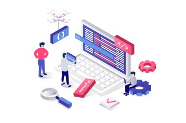 Geometri grafik tasarımında web için 3d izometrik konsept programlanıyor. Yeni yazılım, kodlama ve mühendislik programları geliştiren insanlar bilgisayar ekranında proje üzerinde çalışıyorlar. Görüntü.