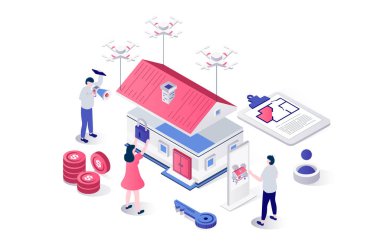 Geometri grafik tasarımında web için 3d izometrik konsept. İnsanlar konut inşa ediyorlar, mimarlık projeleri planlıyorlar, inşaat sektörüne yatırım yapıyorlar. Görüntü.