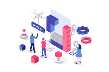 Web için geometri grafik tasarımında sanal gerçeklik 3d izometrik konsept. Video oyunu için VR kulaklıkları ve kumandaları kullanan insanlar, simülasyon teknolojisiyle görsel alanda oynuyorlar. Görüntü.