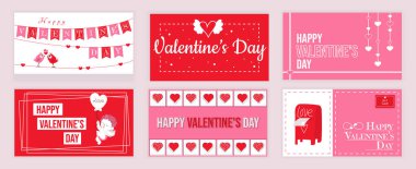 Sevgililer Günü sosyal medya için ayarlanmış tipografi şablonlarını kapsıyor. Bayrak desenli tebrik kartı tasarımı, kuş çifti öpüşmesi, kanat kalbi, balonlu sevimli aşk tanrısı, aşk posta kutusu. Vektör illüstrasyonu.
