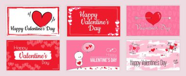 Sevgililer Günü sosyal medya için ayarlanmış tipografi şablonlarını kapsıyor. Kırmızı ve pembe kalpli tebrik kartı tasarımı, aşk işaretli sevimli maskot, tatil işaretleri. Vektör illüstrasyonu.