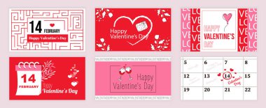 Sevgililer Günü sosyal medya için ayarlanmış tipografi şablonlarını kapsıyor. Labirent, bayram takvimi, romantik hediye, kalp balonu, kadehli şampanya. Vektör illüstrasyonu.