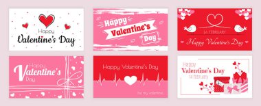 Sevgililer Günü sosyal medya için ayarlanmış tipografi şablonlarını kapsıyor. Kırmızı ve pembe kalpli tebrik kartı tasarımı, tatil kurdeleleri, kuş çifti, hediye paketi, romantik nabız. Vektör illüstrasyonu.
