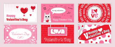 Sevgililer Günü sosyal medya için ayarlanmış tipografi şablonlarını kapsıyor. Sıcak hava balonları, kalbi, çiçekleri ve yaprakları olan sevimli bir kedi, tatil etiketleri ve tabelaları olan tebrik kartları tasarımı. Vektör illüstrasyonu.