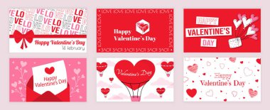 Sevgililer Günü sosyal medya için ayarlanmış tipografi şablonlarını kapsıyor. Kırmızı kurdeleli tebrik kartı tasarımı, yay, kalp çifti, balonlu hediye, aşk mektubu, sıcak hava balonu. Vektör illüstrasyonu.