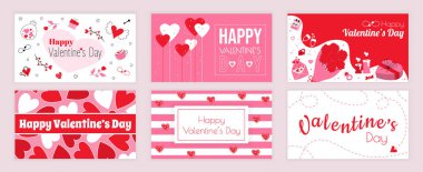 Sevgililer Günü sosyal medya için ayarlanmış tipografi şablonlarını kapsıyor. Romantik hediyeli tebrik kartı tasarımı, kanatlı kalp, aşk mektubu, çelenkler, gül buketi, tatil takvimi tarihi. Vektör illüstrasyonu.