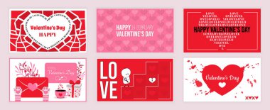 Sevgililer Günü sosyal medya için ayarlanmış tipografi şablonlarını kapsıyor. Mutlu bayram işaretleri, kalp süsleri, aşk mektubu, kedi patileri, kahve fincanı, hediye, kilit anahtarı olan tebrik kartı tasarımı. Vektör illüstrasyonu.