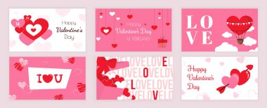 Sevgililer Günü sosyal medya için ayarlanmış tipografi şablonlarını kapsıyor. Mutlu bayramlar, kalp çelenkleri, aşk hediyesi kutusu, sıcak hava balonu, kalp çiftine ok. Vektör illüstrasyonu.