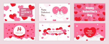 Sevgililer Günü sosyal medya için ayarlanmış tipografi şablonlarını kapsıyor. Kutlama kartı tasarımı mutlu bayramlar, kuş çifti öpücüğü, 14 Şubat bulut, aşk tanrısı oku, kalp süsleri. Vektör illüstrasyonu.