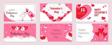 Sevgililer Günü sosyal medya için ayarlanmış tipografi şablonlarını kapsıyor. Kuş çifti öpücüğü, aşk mektupları, 14 Şubat tarihi, kalp balonları, romantik zarflar içeren tebrik kartı tasarımı. Vektör illüstrasyonu.