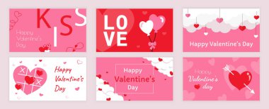 Sevgililer Günü sosyal medya için ayarlanmış tipografi şablonlarını kapsıyor. Öpüşme ve sevgi ile tebrik kartı tasarımı, kalp balonları, çelenklerle bulut, romantik oyunlar, aşk oku, diğerleri. Vektör illüstrasyonu.