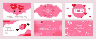Sevgililer Günü sosyal medya için ayarlanmış tipografi şablonlarını kapsıyor. Kalp sıcak hava balonlu tebrik kartı tasarımı, çiçek çelengi, aşk oku, mutlu bayram romantik kutlaması. Vektör illüstrasyonu.