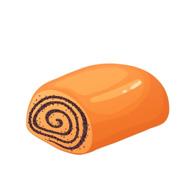 Düz dizaynlı haşhaş sarması. Tatlı tohumlu spiral pasta, fırında tatlı ürünü. Vektör çizimi izole edildi.