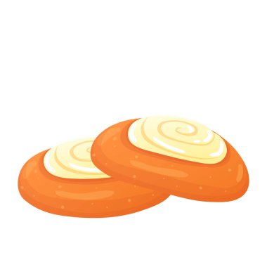 Düz dizaynlı cheesecake çörekleri. Süzme peynirli veya kremalı yuvarlak kekler. Vektör çizimi izole edildi.