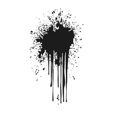 Düz dizaynda siyah mürekkep sıçraması. Eriyen damlaları olan kirli boya spreyi. Vektör çizimi izole edildi.