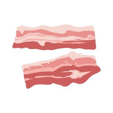 Düz dizaynlı pastırma dilimleri. Kahvaltıda yağlı şeritler, kasap menüsü. Vektör çizimi izole edildi.