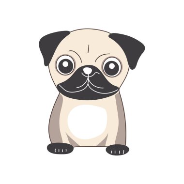 Düz dizaynlı sevimli kahverengi pug. Dost canlısı evcil köpek, komik hayvan bakıcılığı. Vektör çizimi izole edildi.